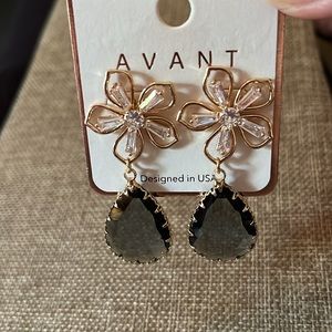 Gold Toned Flower Pierced Earrings with Rhinestones and Smoky Teardrop Dangles